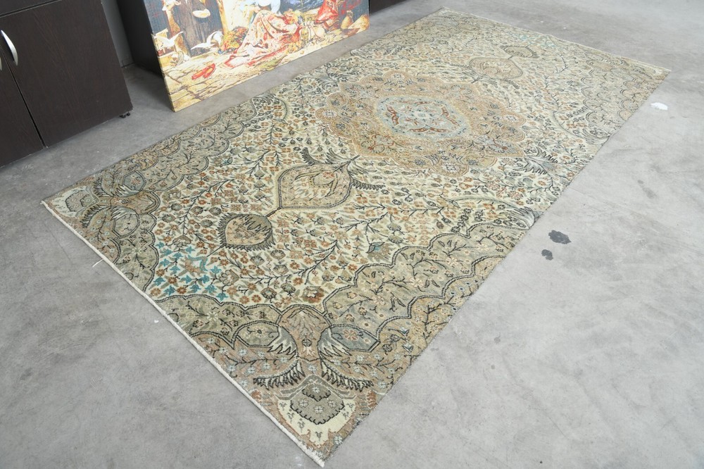 Antique turkish rug, hand-knotted vintage carpet,oushak muted area rug 4x8 1290