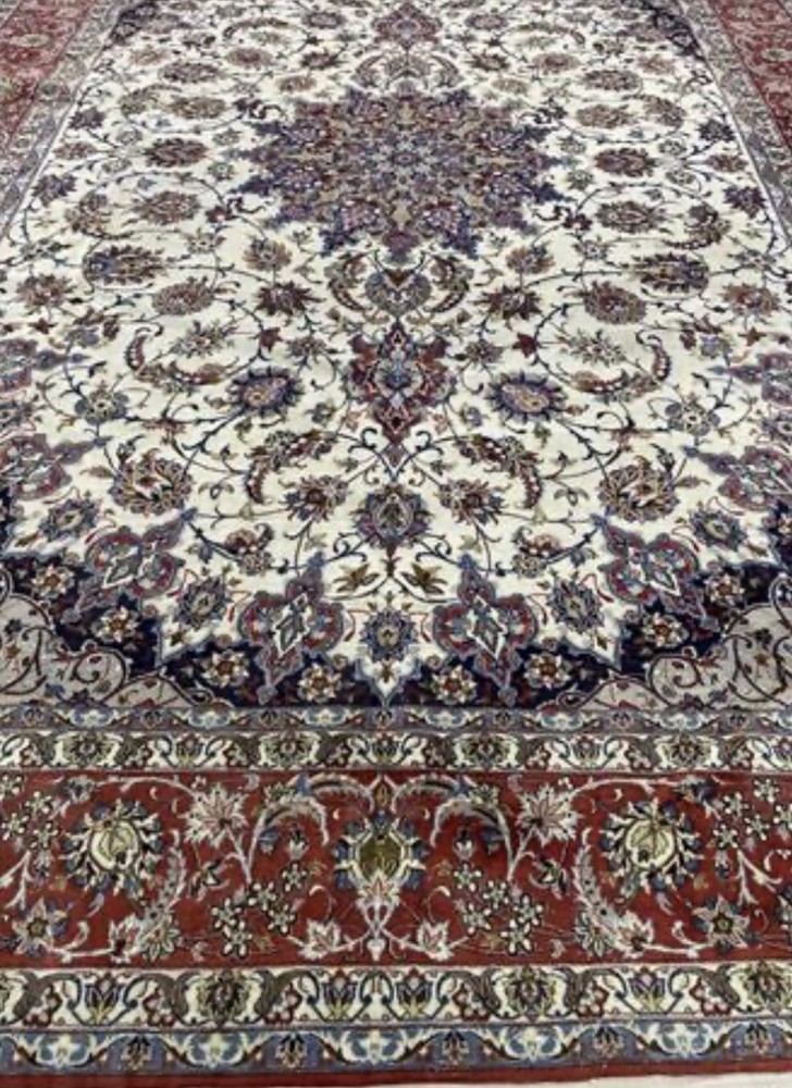 8.4 X 11 Auth Isfahann Area Rug Oriental Ivory Knotted Wool & Silk Pile A+