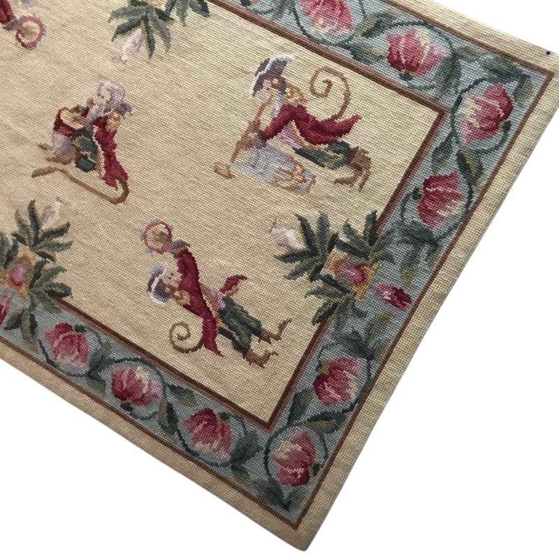 Vintage Aubusson Style Needlepoint Wool Rug Chinoisere Monkey Promenade 35 x 23 gallery