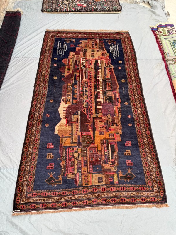 Vintage Afghan Hand-Knotted Wool Rug 4'3" x 7'8 Pictorial Design Blue Tribal Rug gallery