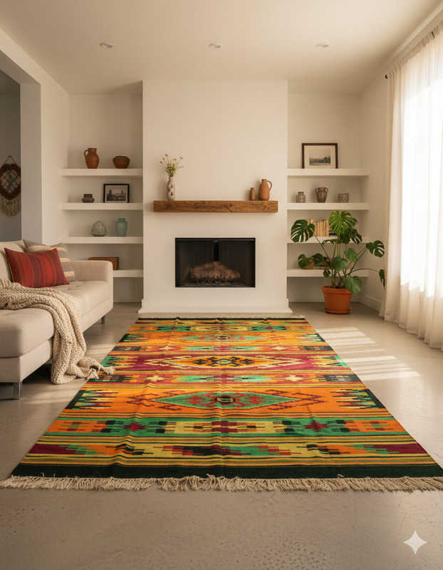 Romanian Oltenian Kilim Rug Handwoven 100% Wool Geometric Orange Green 1970s gallery