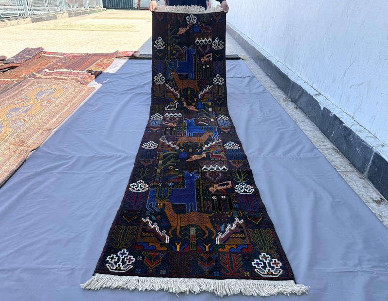 Blue Vintage Afghan Pictorial Runner Rug 2x9 Handmade Persian Style Tribal Rug gallery