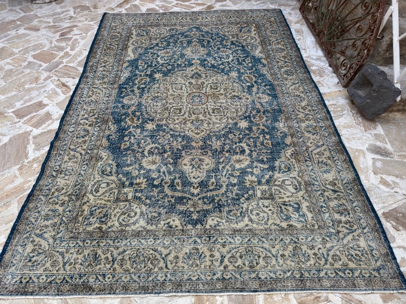 7x10 Blue Medallion Rug – Vintage Turkish Area Carpet Handknotted Wool gallery