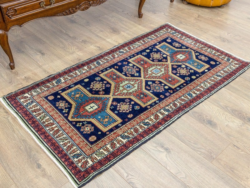Vintage Turkish rug - Vintage Oushak carpet in blue, red and green - 2.9x5 feet gallery