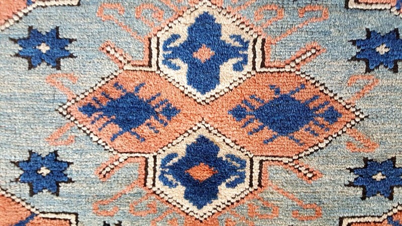 Vintage Turkish Oriental Rug (75 x 66 inches) PEACH and BLUE or 5'5 x 6'3 vgc gallery