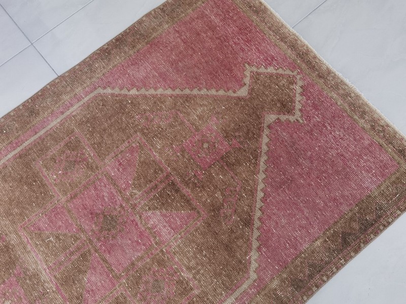 Vintage Turkish Oushak Runner 3x12 Hand Knotted Wool Pink Brown Tribal gallery