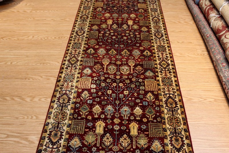 17 Ft. long TOP QUALITY handmade hall runner HIGH KNOTS Red Maroon background gallery