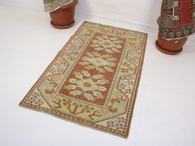 Vintage Hand Knotted Accent Rug Red Beige Tribal Geometric 3x4 ft gallery