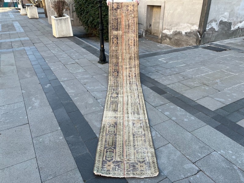 Vintage Turkish Oushak Runner Rug 1.8x11.4 ft Hand-Knotted Beige Indigo Wool gallery