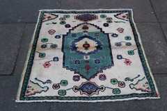 Vintage Hand Made Traditional Rug Oriental Cotton White Green Small Rug 98x94cm