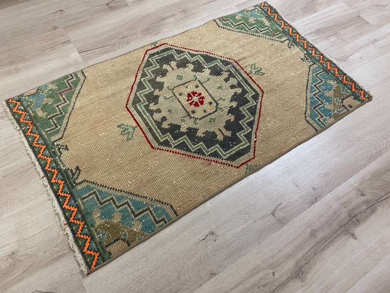 Vintage Turkish Handmade Wool Tribal Runner Rug Beige Anatolian Carpet 1.9x3.3ft gallery