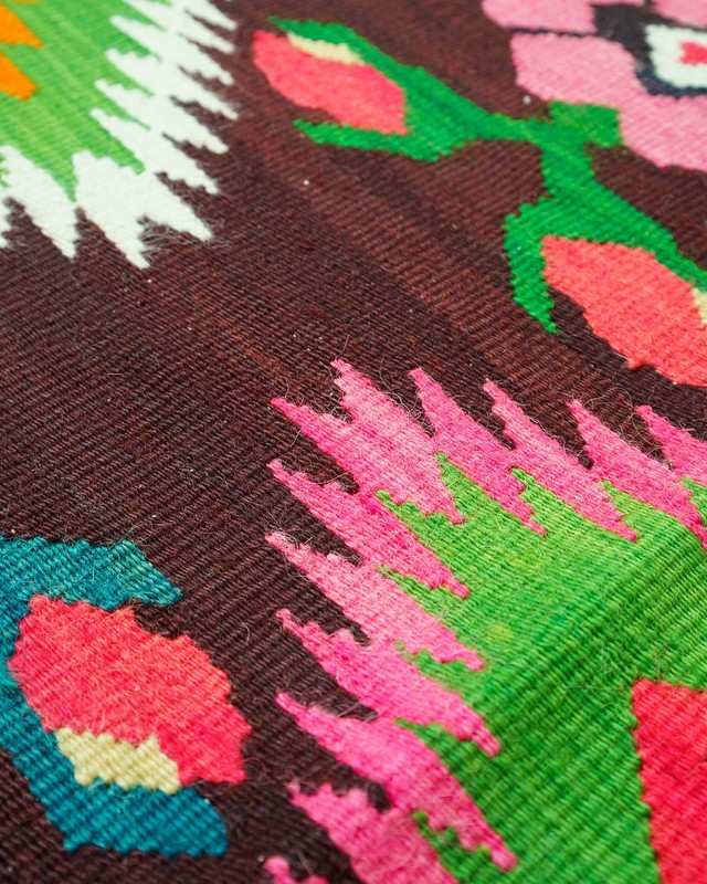 Oltenian Kilim Runner 100% Wool Geometric Green Pink Fuchsia 1970s Romania 15x6f gallery