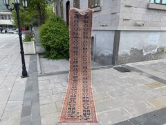 Vintage Turkish Runner Rug 2.2×11.7 ft Navy Brown Hallway Kitchen Carpet