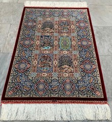 100% Silk Rug Compartment Design Silk Rug Handmade Fringes and Borders 2×3 ft