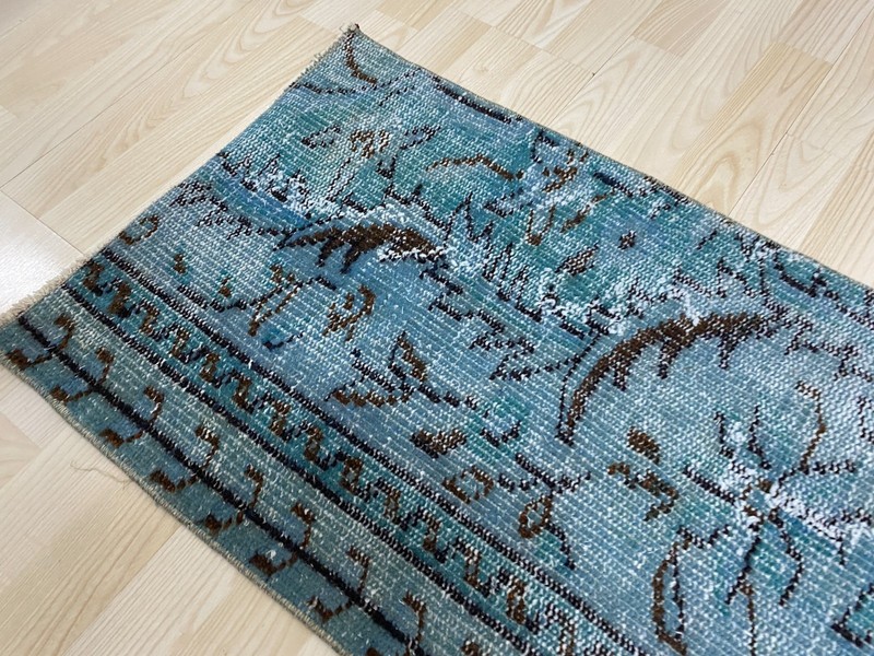 Vintage Anatolian Rug 1.6x3.1 ft Antique Teal Blue Distressed Wool Carpet Mat gallery