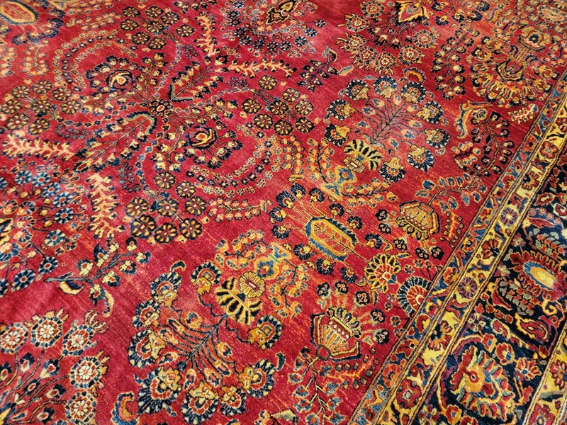 Antique hand knotted traditional design Sarouk rug size 10'2"×13' deep red gallery