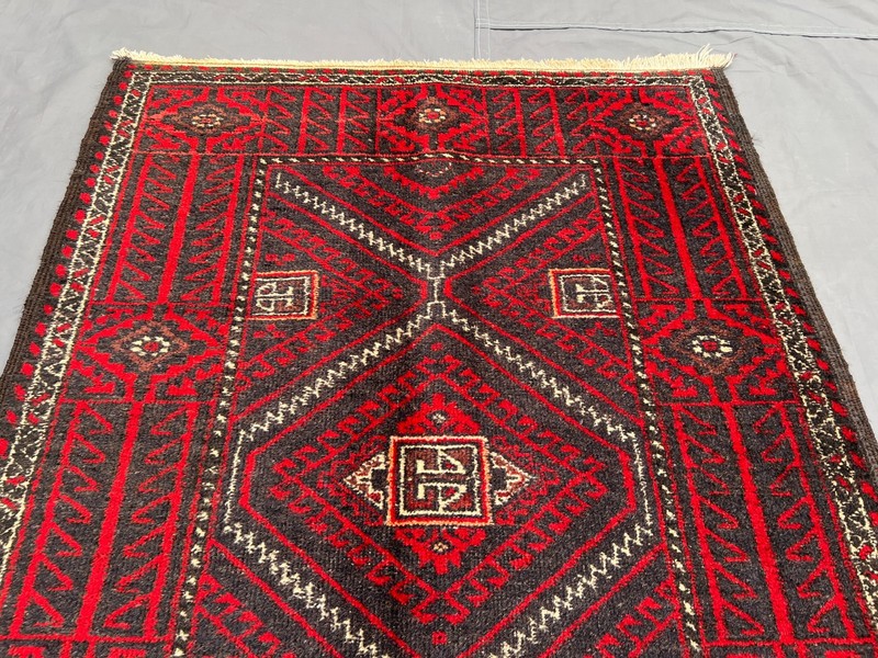 2'9x5'1 ft Vintage Afghan Baluchi Hand-Knotted Red & Black Geometric Design Rug gallery