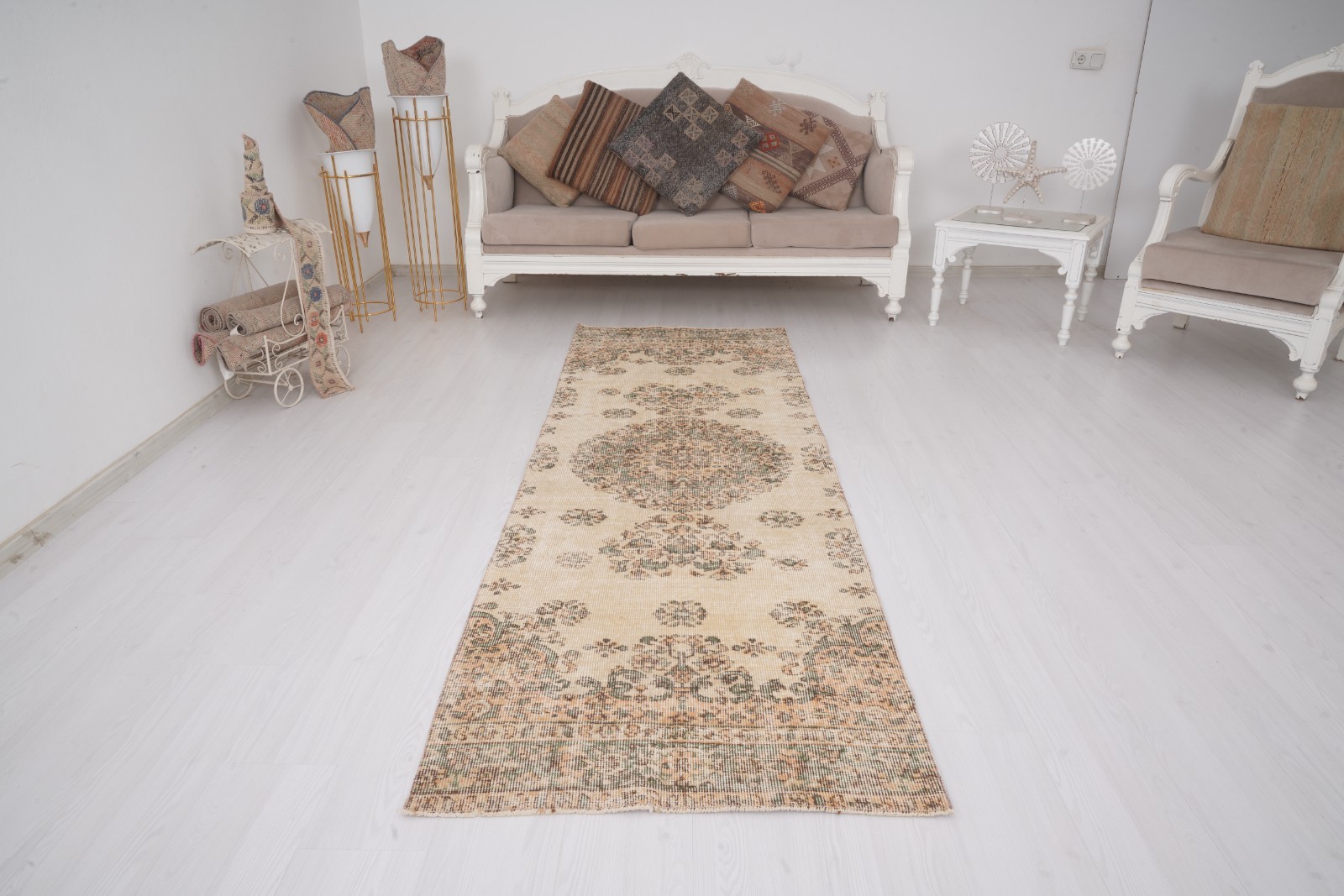 Vintage Turkish Oushak Runner Rug 3x9 Neutral Handmade Antique Wool Carpet 493 gallery
