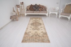 Vintage Turkish Oushak Runner Rug 3×9 Neutral Handmade Antique Wool Carpet 493