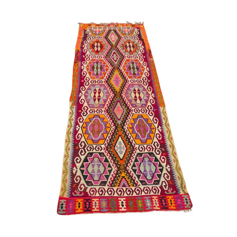 Vintage Turkish Anatolian Kilim Rug 148x60” Handwoven Geometric Wool 12’4” x 5’