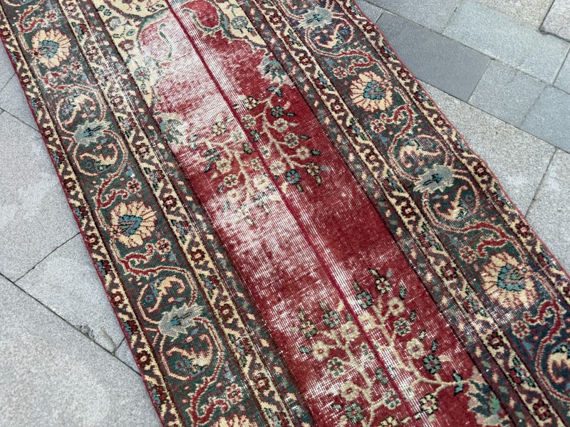 Vintage Red Turkish Runner Rug 2.8x9.7 Ft Handmade Wool Hallway Carpet Distresse gallery