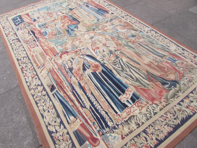 Vintage Hand Made French Design Original Wool Beige Aubusson Tapestry 268X166cm gallery