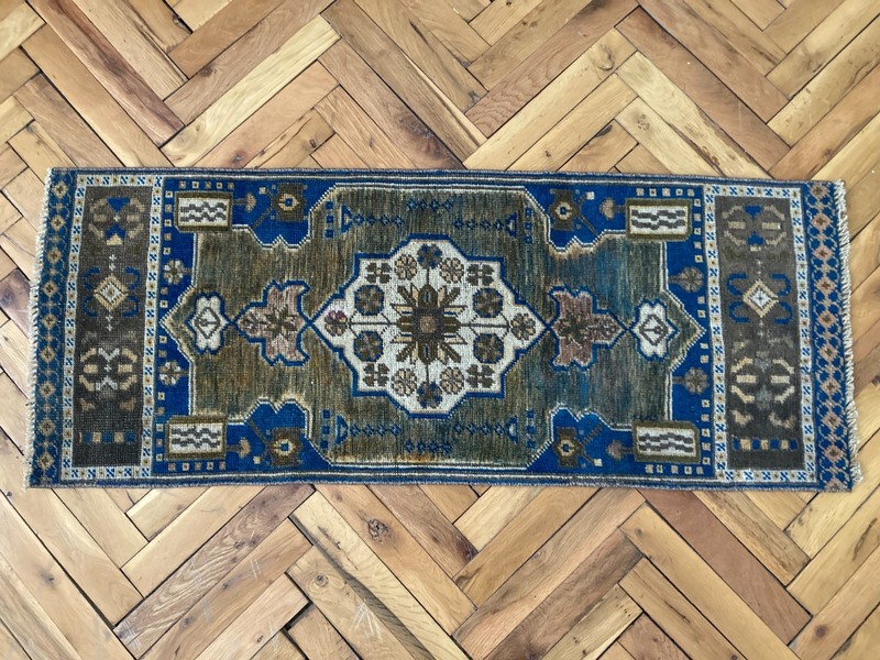Entryway Wool Rug 1.4 x 3.6 ft Vintage Turkish Blue Brown Handwoven Carpet gallery