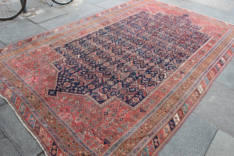 Antique Worn Traditional Hand Made Oriental Blue Red Gold Wool Carpet 352x218cm gallery