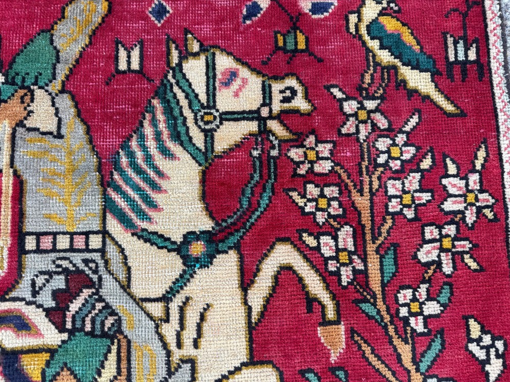 3x5 ANTIQUE ORIENTAL RUG HANDMADE old real VINTAGE HAND-KNOTTED huntering horse