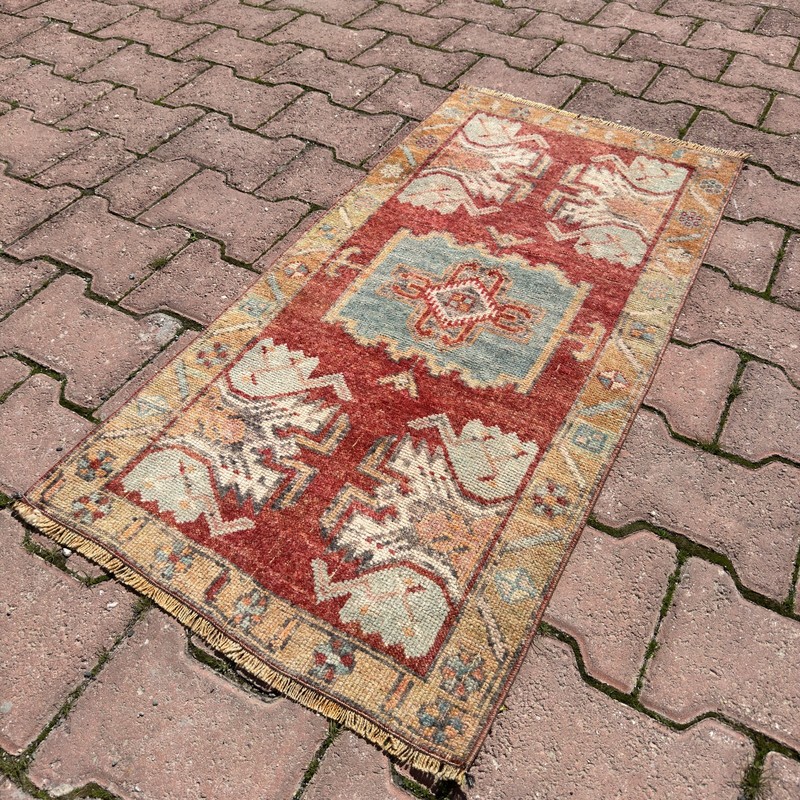 2x3 ft Terracotta Sage Wool Vintage Turkish Oushak Geometric Rug - Tariff Free gallery