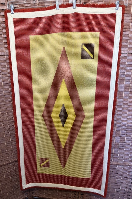 Vintage 70's MCM Latchhook Rug Bohemian Aztec 54X29 gallery