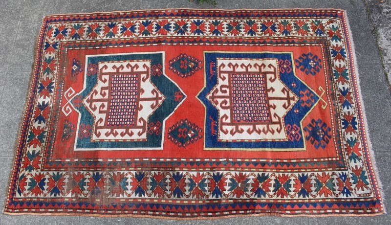 Antique 53"x 82" Caucasian Fachralo Kazak Carpet Featuring Animals c. 1890 gallery