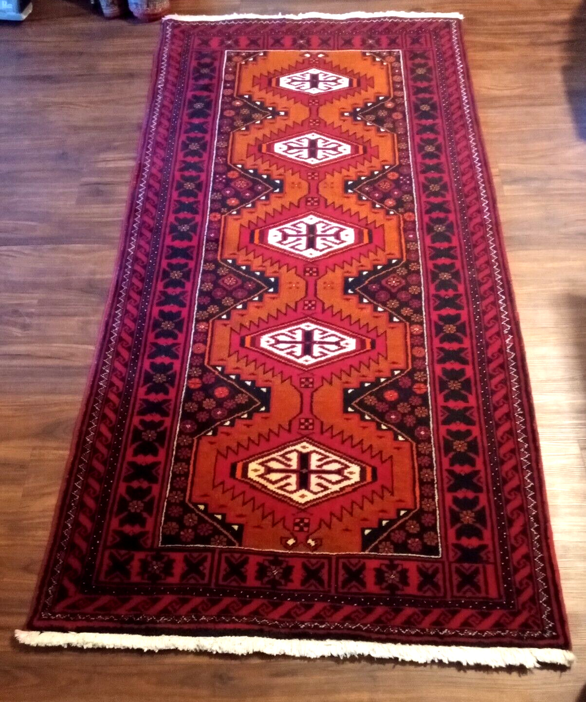 Vintage ORIENTAL Rug Rust & red wool HAND-KNOTTED fine neutral 6'.5" x 3'.5" gallery