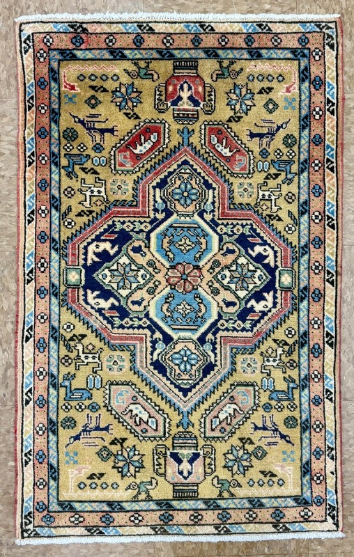 Vintage Ardebil Tribal Hand Knotted Wool Rug 2x3 Yellow Oriental Geometric Boho gallery