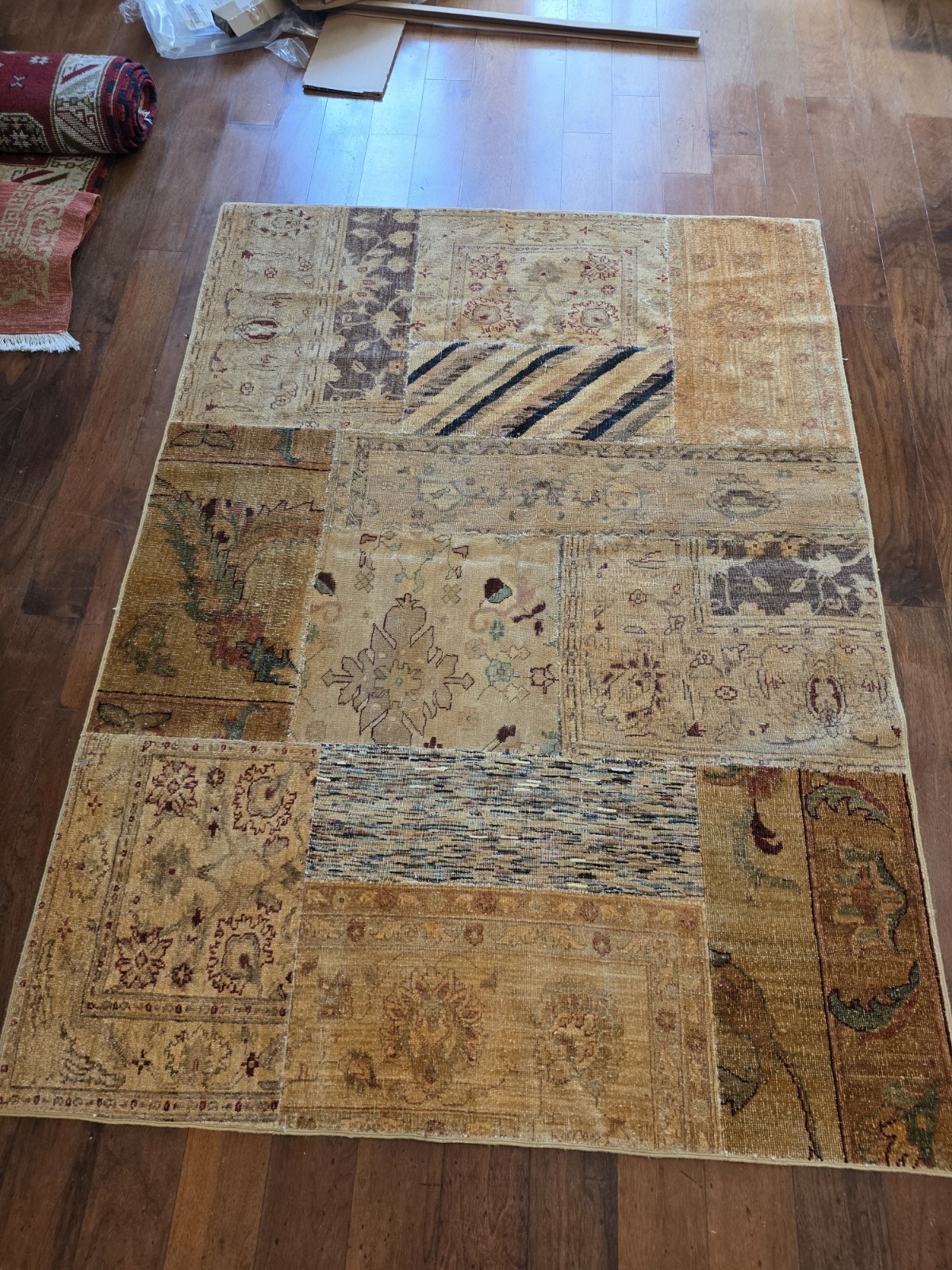 Vintage Turkish Patchwork Rug Beige Gold Distressed Kilim Handmade Wool 6.5'x5' gallery