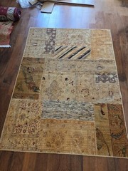 Vintage Turkish Patchwork Rug Beige Gold Distressed Kilim Handmade Wool 6.5’x5′