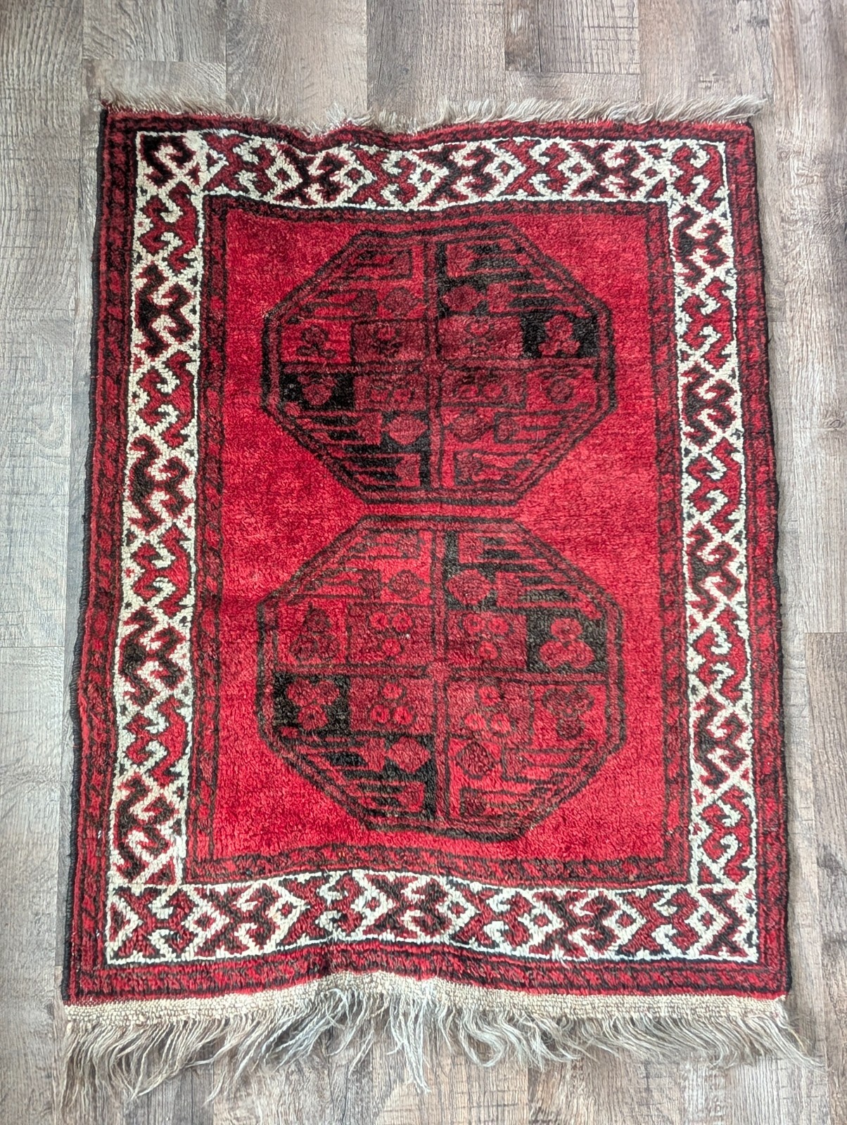 Art Deco Afghan Turkoman Rug Floor Mat Carpet Hand Knotted Tied 38" long 27 wide gallery