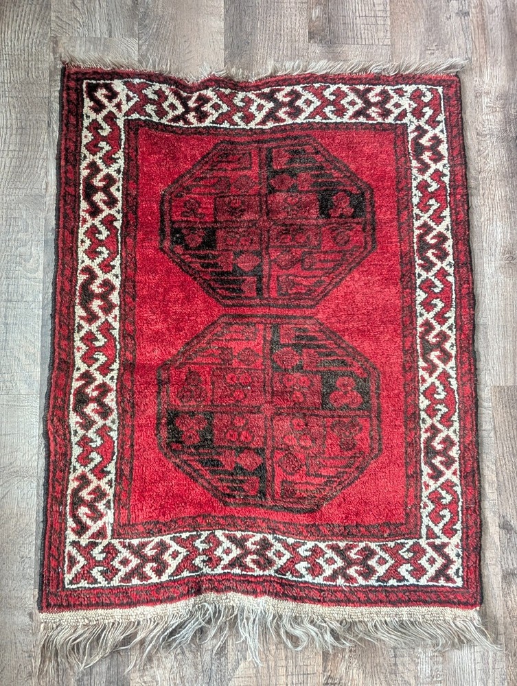 Art Deco Afghan Turkoman Rug Floor Mat Carpet Hand Knotted Tied 38" long 27 wide