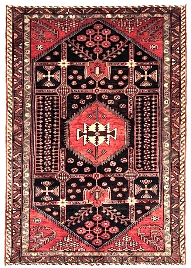 Vintage Oriental Hand Knotted Saveh Tribal Wool Area Rug 5x8 Black Red Geometric