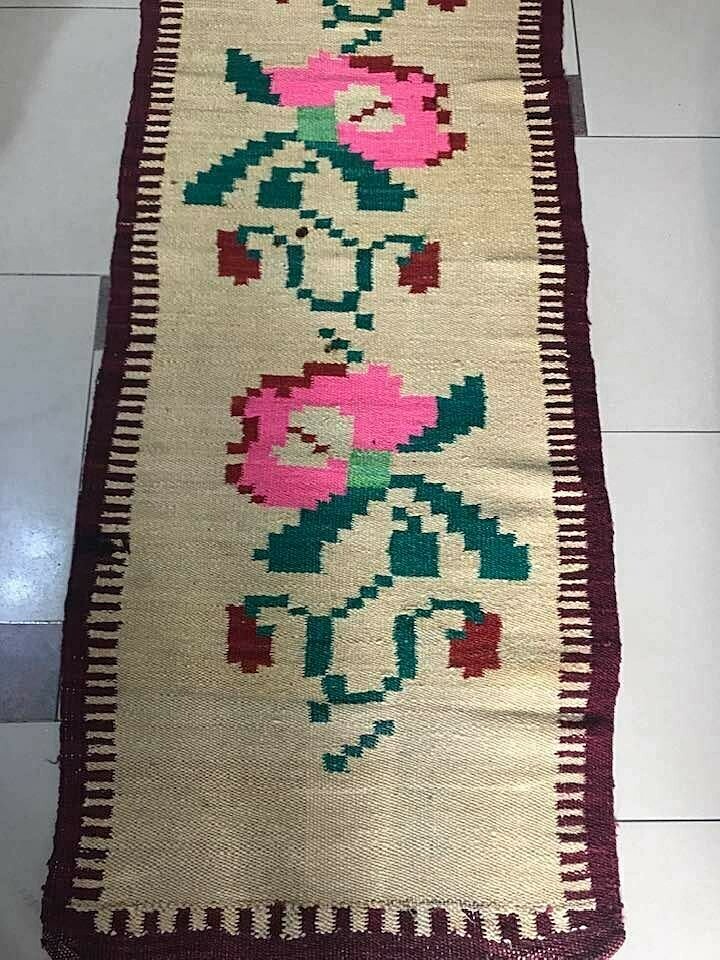Antique Albanian traditional carpet kilim wool beige multicolor rug-198cm x 54cm gallery