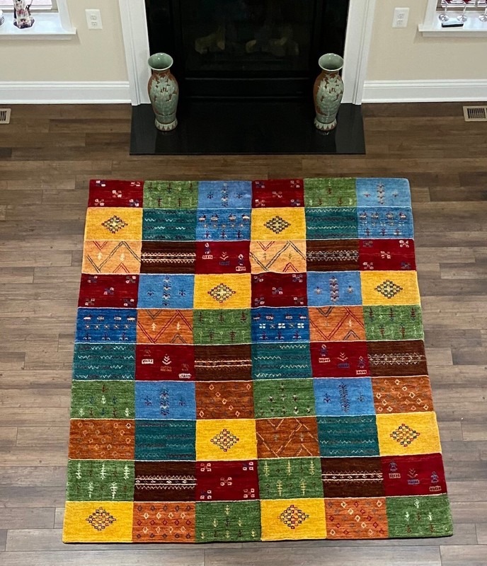 Handmade Nepalese Tibetan Area Rug, Quiltlike Checkerboard, Bright Colors 7'x9' gallery