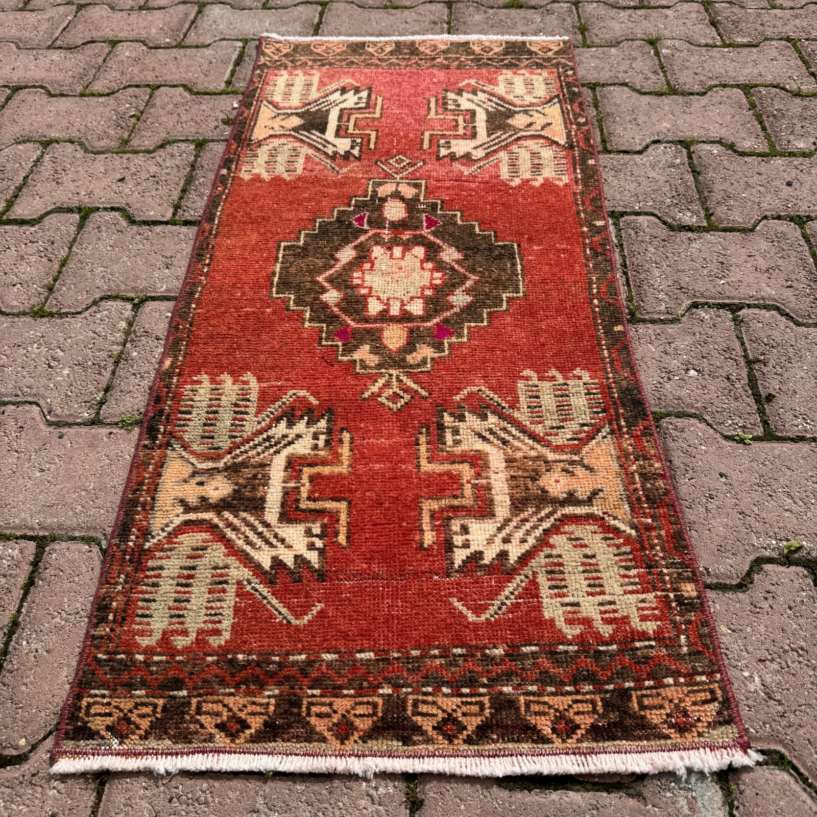 Rust Red 1x3 ft Turkish Wool Accent Rug With Ivory Animal Motifs - Tariff Free gallery
