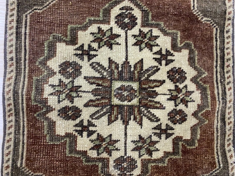 Antique Turkish Rug 1.3x2.5 ft Vintage Brown Cream Star Medallion Wool Boho Mat gallery