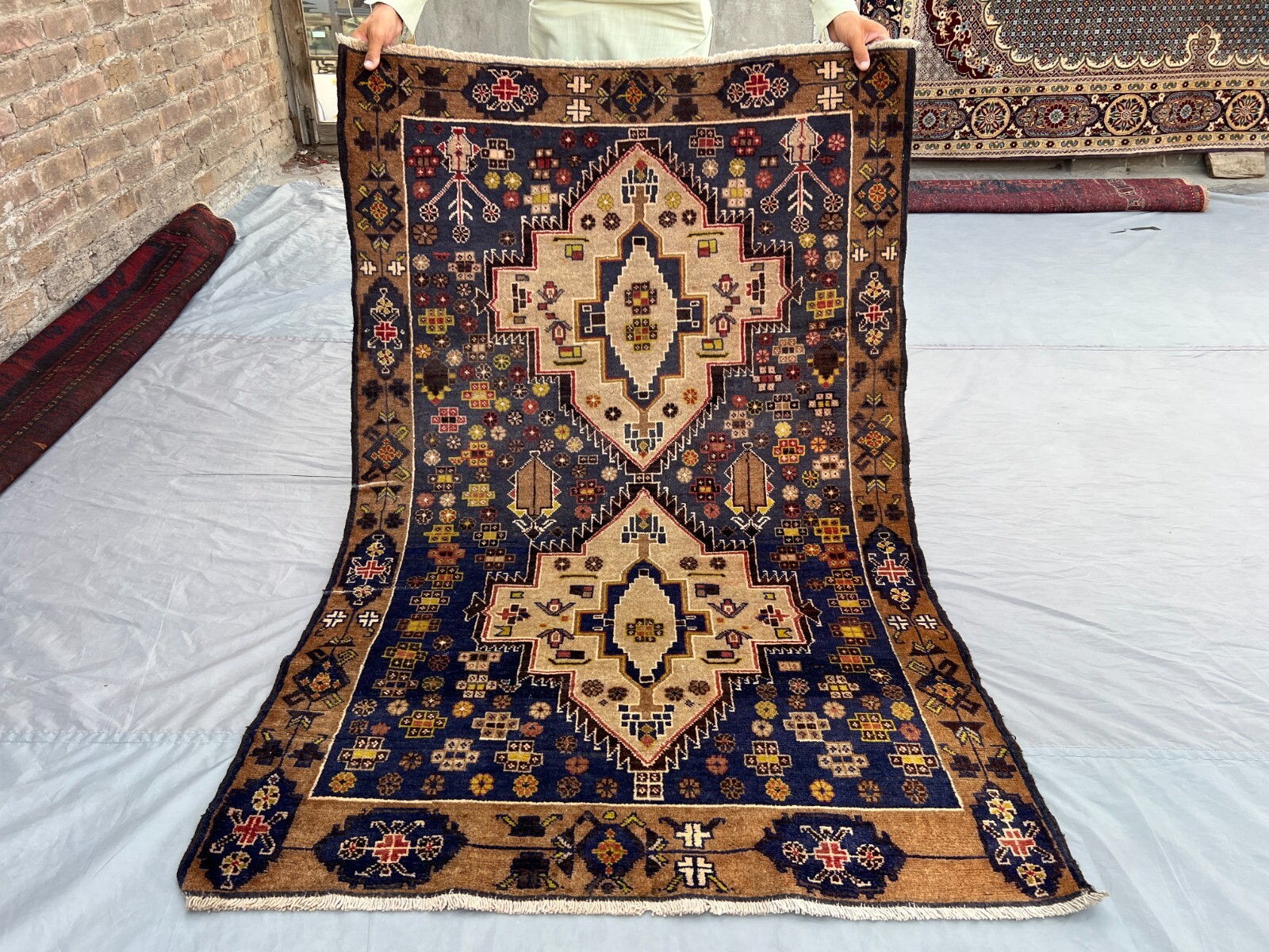 Vintage Afghan Rug 3'9x5'4 – Hand-Knotted Wool Tribal Geometric Medallion Carpet gallery