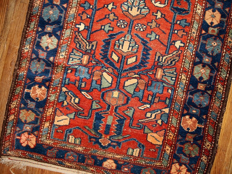 Handmade Antique Oriental Runner Rug 100cm x 310cm Wool 1920s Red Blue gallery