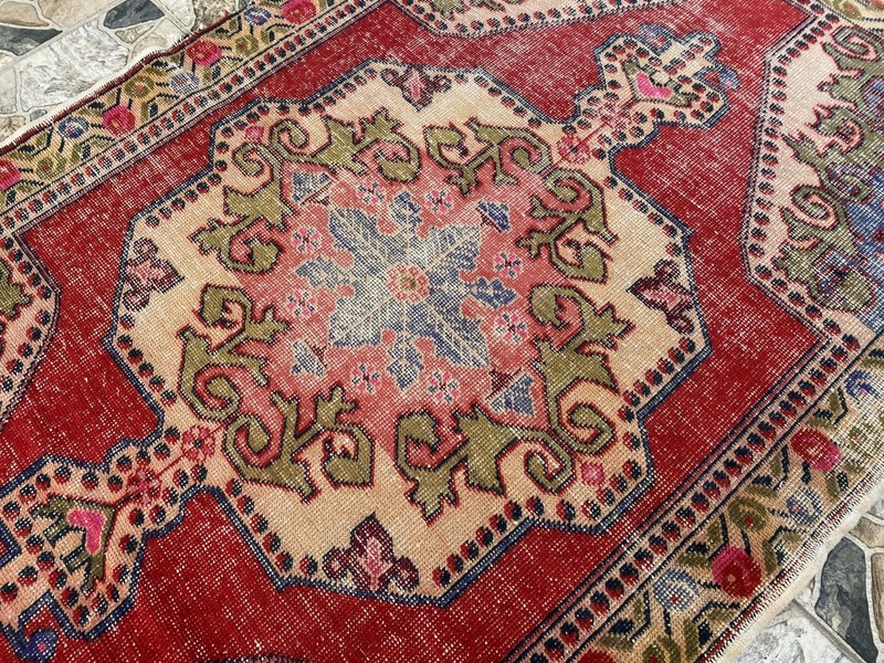 Antique Vintage Turkish Oushak Rug 4x6.6 ft Hand-Knotted Wool Tribal Geometric gallery