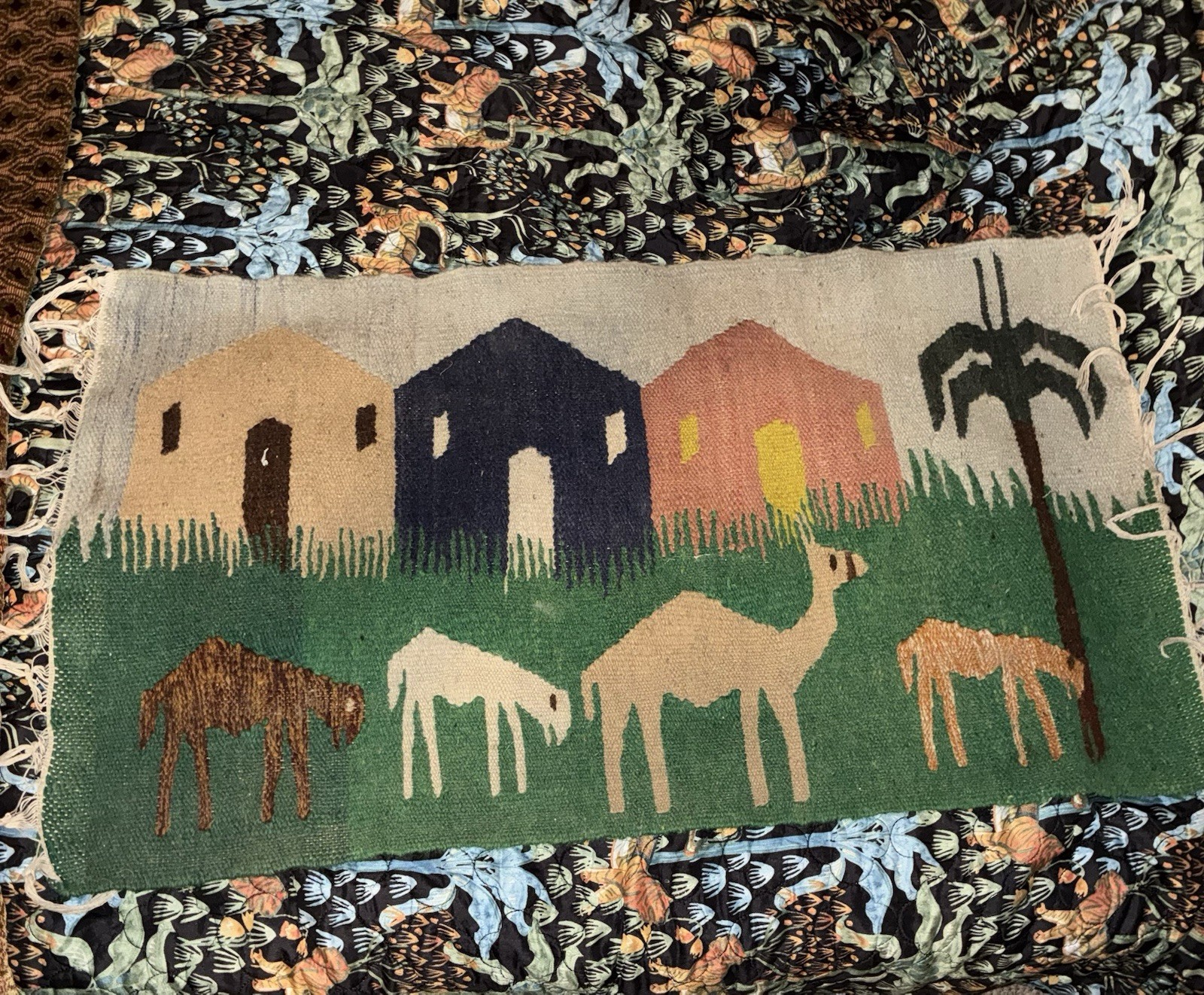 Vintage Wool Pictorial Animal+houses Rug, 35”x 20” gallery