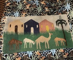 Vintage Wool Pictorial Animal+houses Rug, 35”x 20”