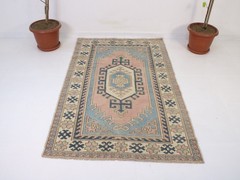Vintage Hand Knotted Area Rug Pink Blue Tribal Geometric Medallion 4×6 ft