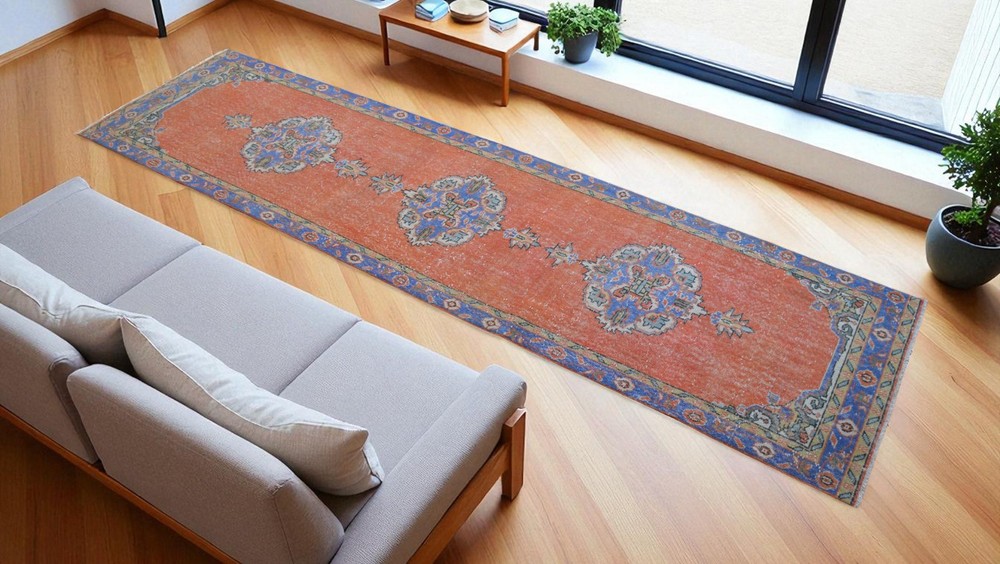 Vintage Turkish Runner Rug Hand-Knotted 1970s Oushak Distressed Low Pile 3x12 ft